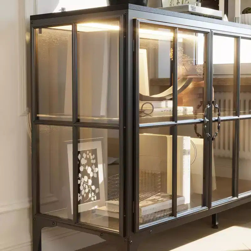 Bibliothèque en verre Famapy, vitrine, armoire de rangement, buffet avec cadre en métal et lumière LED pour salle à manger