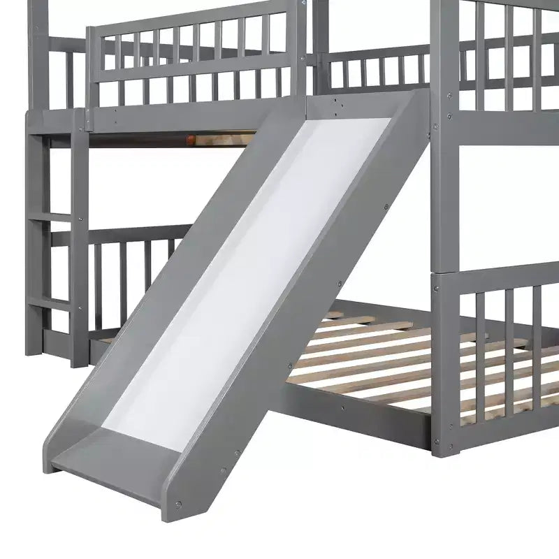 Lit superposé triple pour deux personnes avec échelle convertible et toboggan, lit triple avec barrières de sécurité, blanc/gris/espresso - ModernLuxe