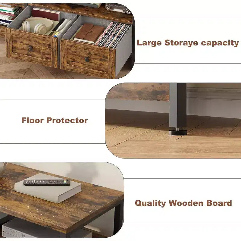 Meuble TV rustique de 180 cm avec rangement - Pour téléviseurs jusqu'à 75 pouces, 2 tiroirs et étagères ouvertes, meuble TV de style industriel avec cadre en métal