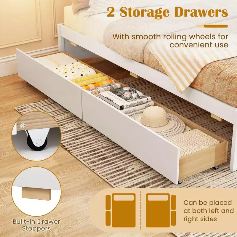 Lit plateforme en bois Costway, pleine/double, avec 2 tiroirs de rangement roulants, support à lattes en bois, naturel/blanc