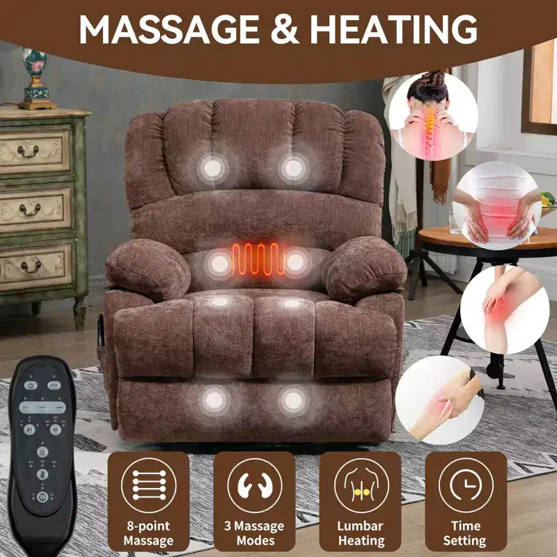 CLIHOME Fauteuil inclinable électrique releveur en chenille grande taille, largeur d'assise 23 pouces et dossier haut, avec massage vibrant 8 points et chauffage lombaire