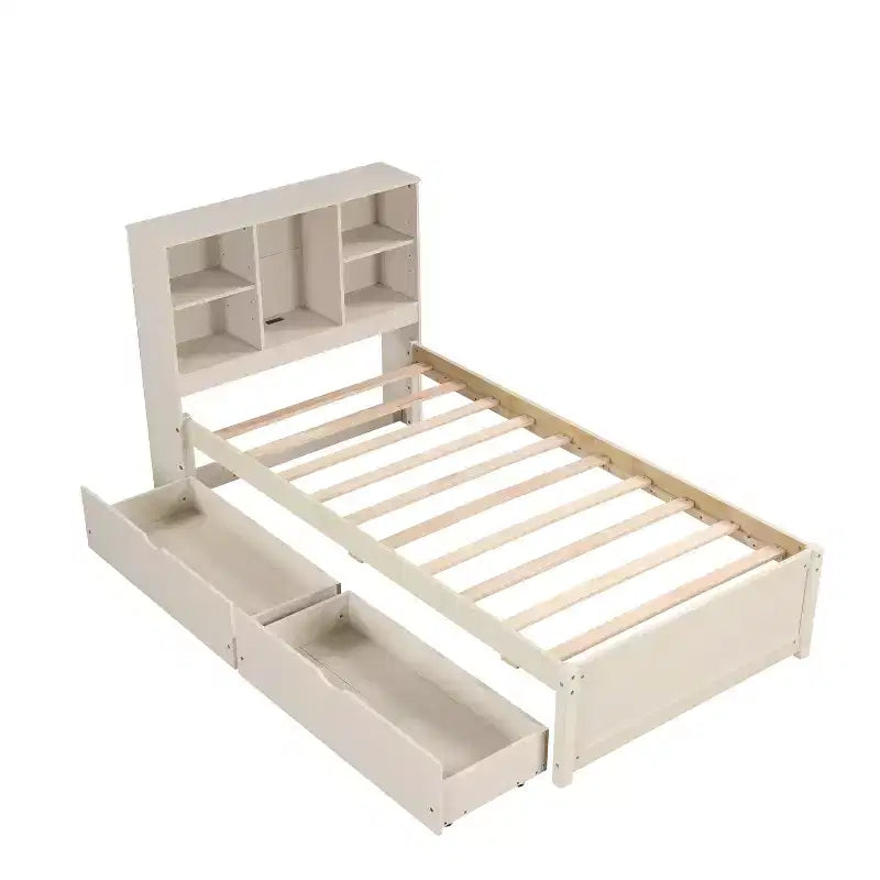 Bellemave Lit plateforme jumeau avec tête de lit bibliothèque et 2 tiroirs de rangement, lit plateforme en panneau de particules avec port de chargement USB