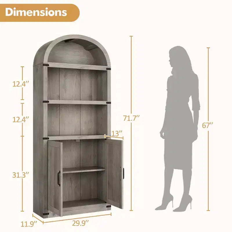 Bibliothèque GustoWave avec portes, étagère arquée de 182 cm de haut, meuble de rangement de style ferme avec étagères, bibliothèques en bois pour bureau à domicile