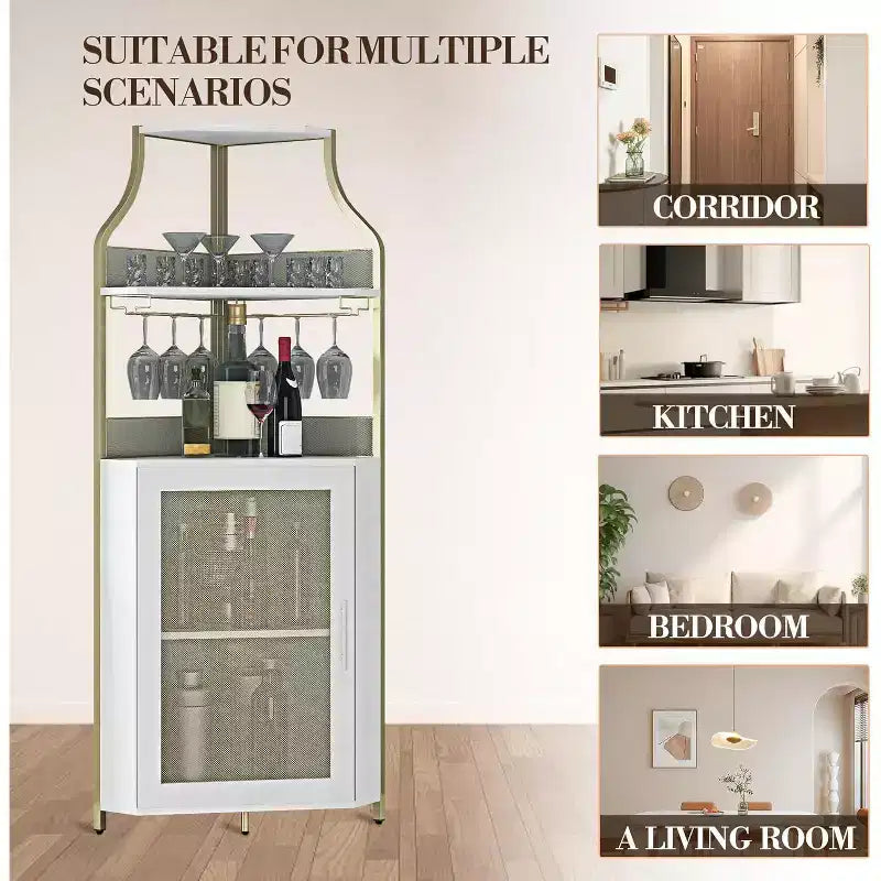 Meuble de bar d'angle CuisinSmart avec casier à vin amovible, meuble de bar avec porte-verres, petit buffet et armoire de rangement avec porte grillagée