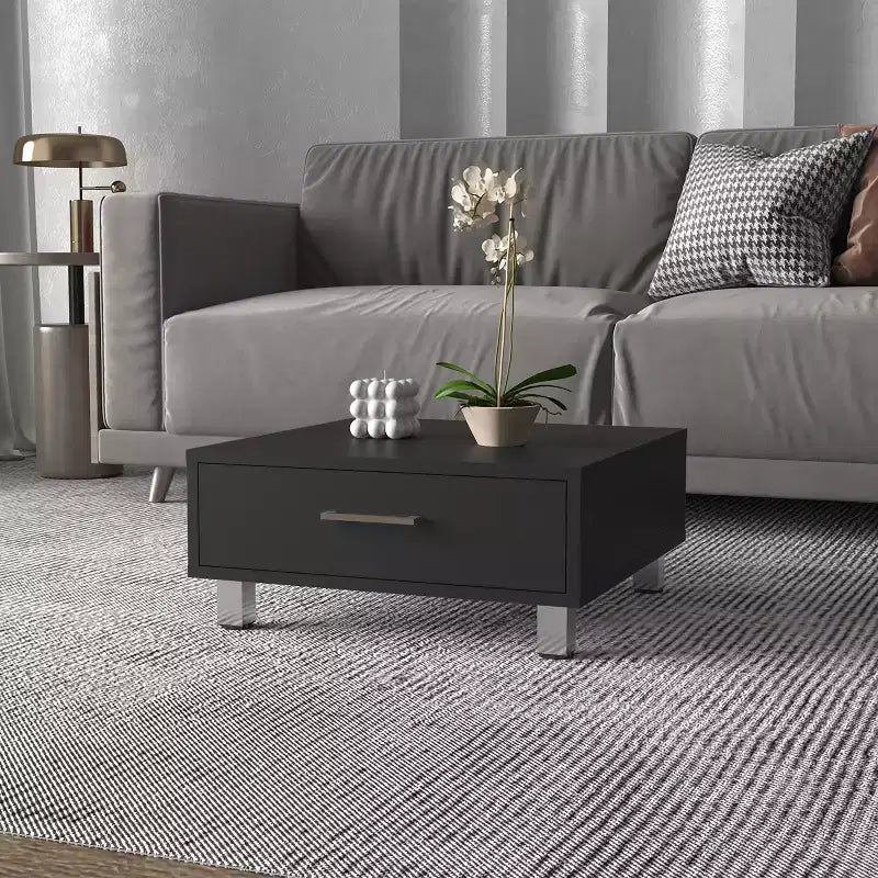 Table basse rectangulaire Wengé avec 1 tiroir, quatre pieds en métal, poignée en métal, plateau supérieur, table d'appoint pour salon