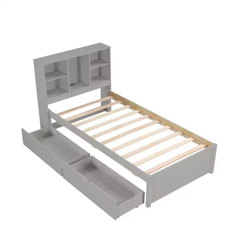 Bellemave Lit plateforme jumeau avec tête de lit bibliothèque et 2 tiroirs de rangement, lit plateforme en panneau de particules avec port de chargement USB