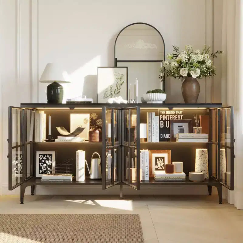 Bibliothèque en verre Famapy, vitrine, armoire de rangement, buffet avec cadre en métal et lumière LED pour salle à manger