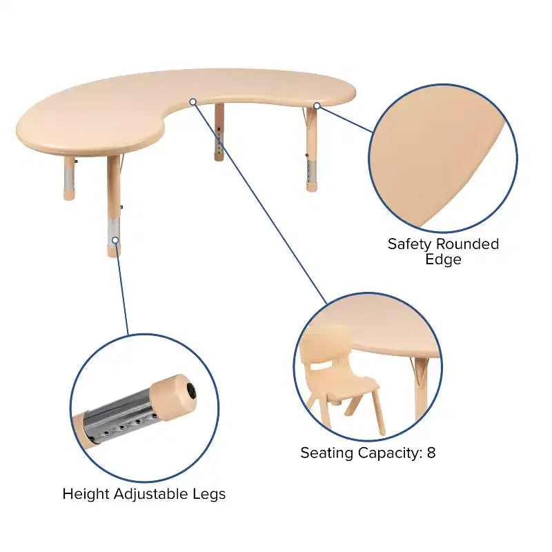 Table d'activités réglable en hauteur en plastique demi-lune Emma et Oliver 35 po larg. x 65 po long.