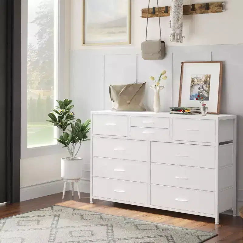 Commode à 10 tiroirs pour chambre, commode avec bacs en tissu, meuble TV pour téléviseurs jusqu'à 5 pouces, organisateur de rangement