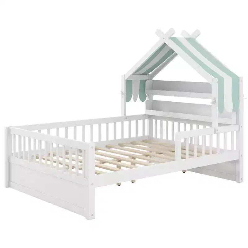 Lit cabane en bois ModernLuxe (taille lit simple/double) avec tête de lit de rangement, cadre de lit pour enfants en pin massif avec barrières de sécurité