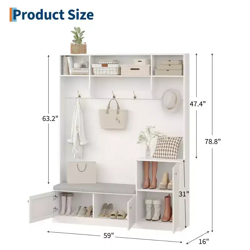 Banc et Rangement à Chaussures, Banc d'entrée de Ferme 3-en-1 avec Porte-Manteau, 4 Crochets, 4 Casiers à Chaussures et 3 Compartiments Ouverts, pour Entrée, Vestiaire