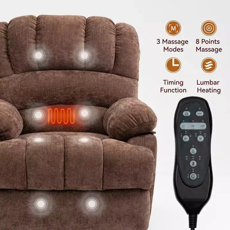 CLIHOME Fauteuil inclinable électrique releveur en chenille grande taille, largeur d'assise 23 pouces et dossier haut, avec massage vibrant 8 points et chauffage lombaire