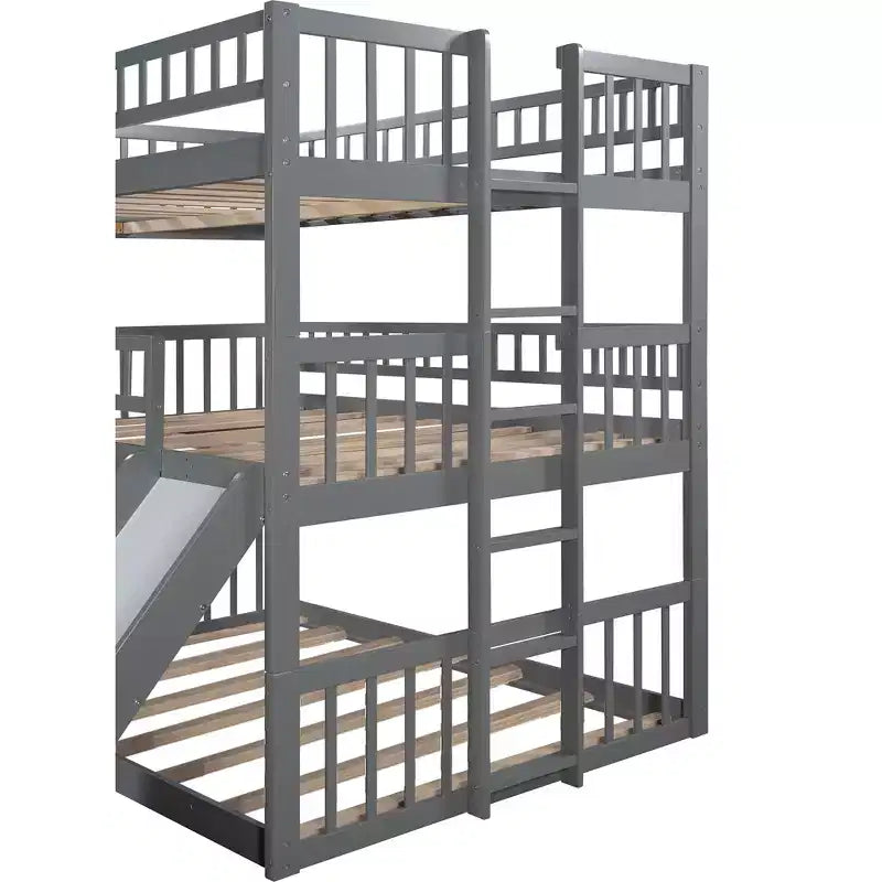 Lit superposé triple pour deux personnes avec échelle convertible et toboggan, lit triple avec barrières de sécurité, blanc/gris/espresso - ModernLuxe