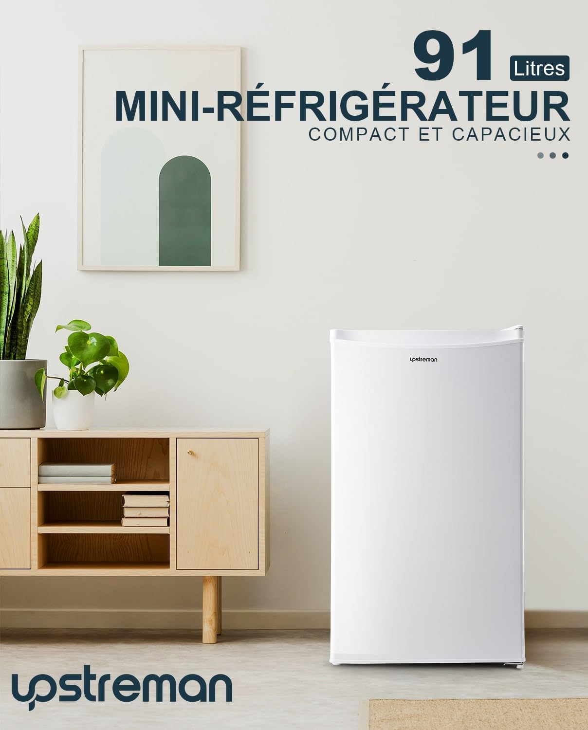 Upstreman Petit Frigo avec Congélateur de 91L, Bac à Légumes, Thermostat Réglable, Silencieux, Petit Frigo de Bureau, Porte Réversible, Réfrigérateur