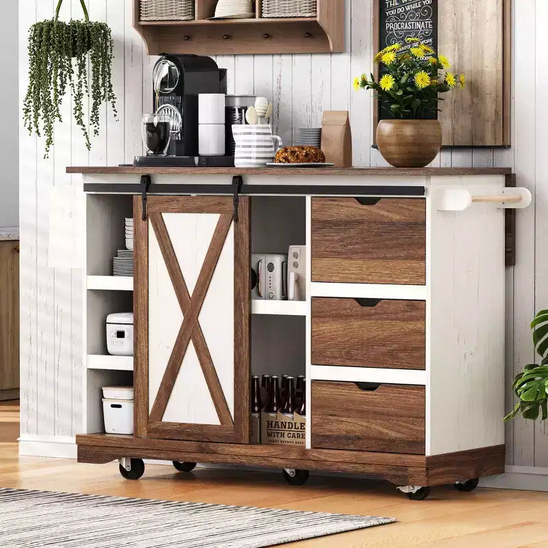Îlot de cuisine de ferme Whisen 55.5 avec abattant, porte coulissante et station de recharge, design roulant