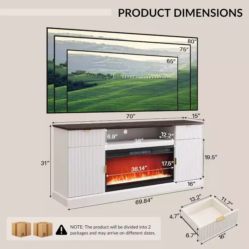 Meuble TV de cheminée cannelé de 70 po pour téléviseurs de 80 po, centre de divertissement moderne avec cheminée électrique de 36 po, console TV multimédia en bois avec rangement