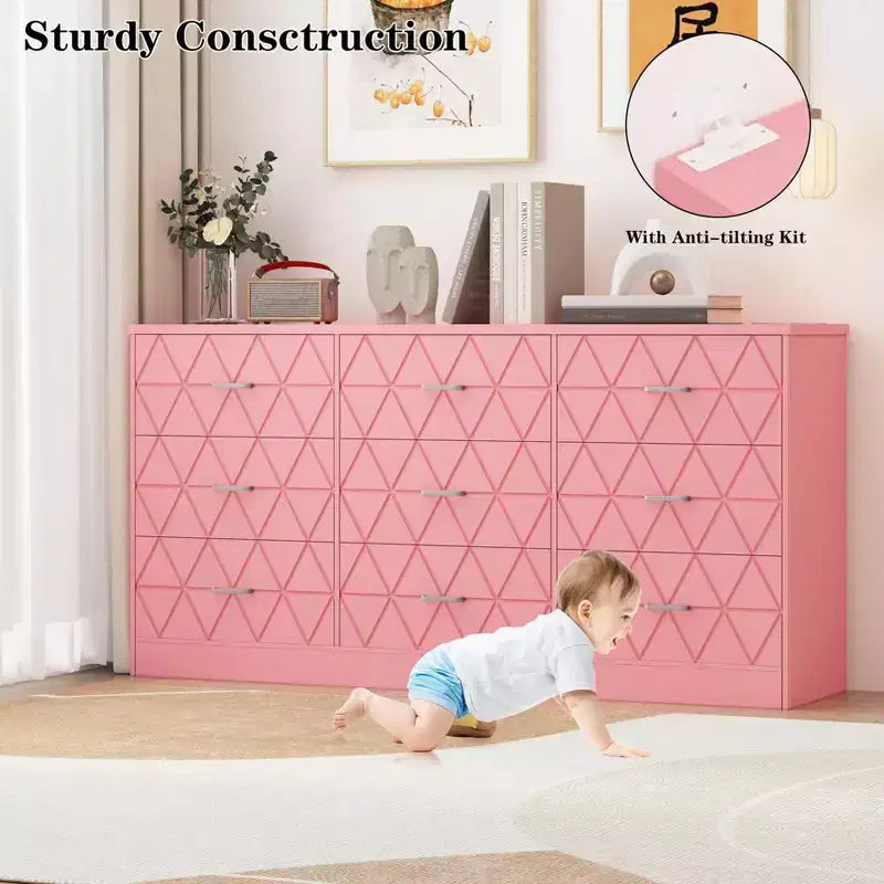Zstar Commode triple moderne à 9 tiroirs, Meuble de rangement en bois pour chambre à coucher avec prises de courant