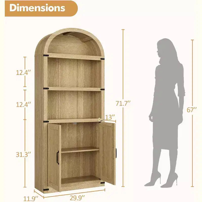 Bibliothèque avec portes Étagère cintrée 182 cm de haut Bibliothèque de style rustique avec étagères Bibliothèques en bois pour la maison, le bureau, le salon