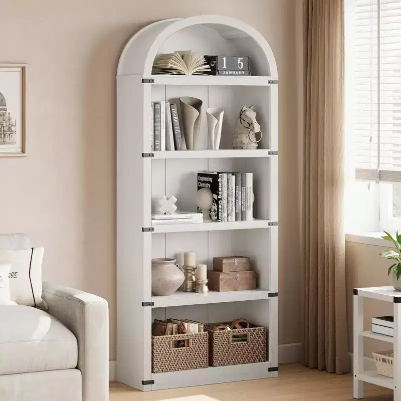 GustoWave Bibliothèque Haute de 181,96 cm, Étagère Murale Arched Style Ferme, Rangement d'Exposition, Étagères en Bois, Blanc/Gris
