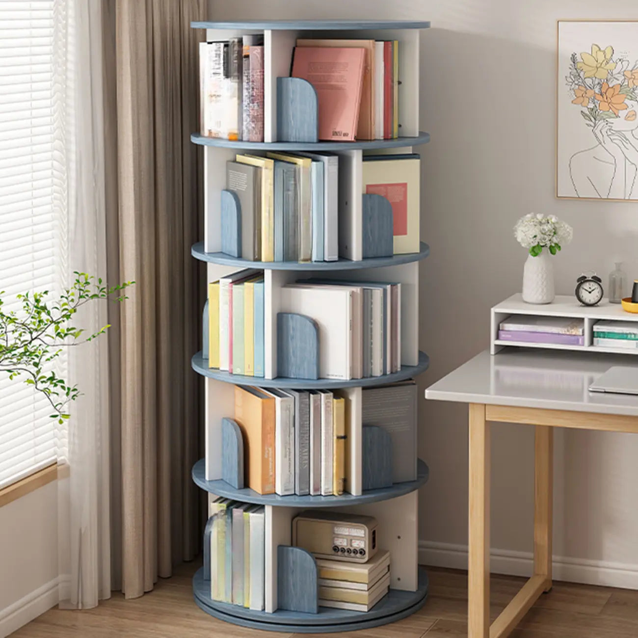 Bibliothèque cylindrique en bois brun à dos ouvert et rotative