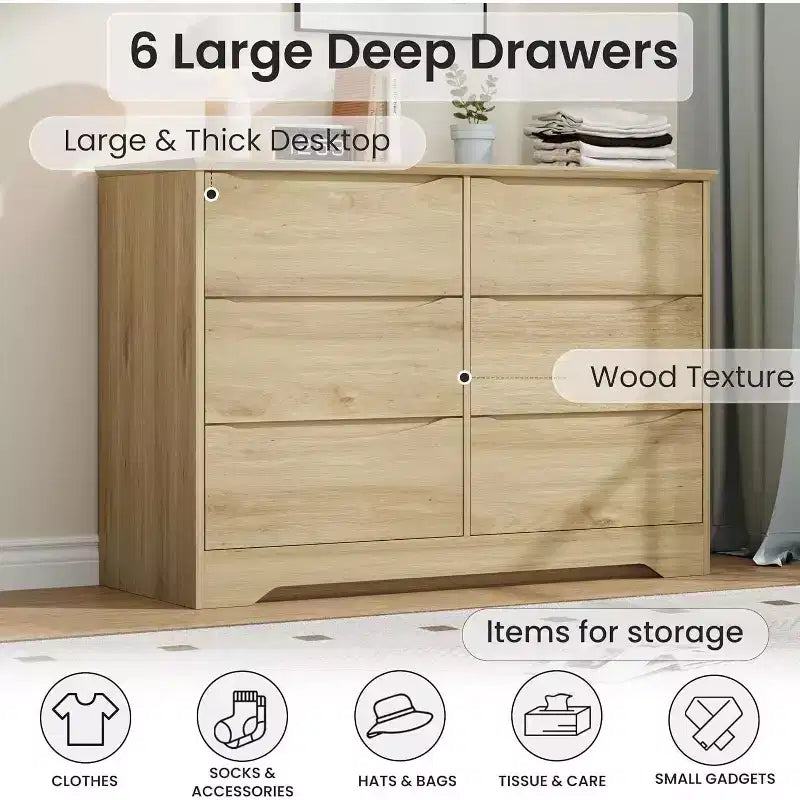 GustoWave Armoire Moderne, Commode de Rangement en Bois à 6 Tiroirs pour Chambre à Coucher, Salon, Couloir, Naturel