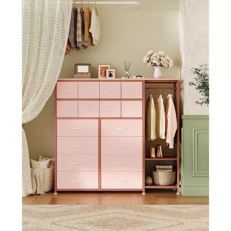 Commode de rangement avec 16 tiroirs, tringle à vêtements et étagères, organisateur de rangement en tissu pour chambre à coucher, placard ou entrée