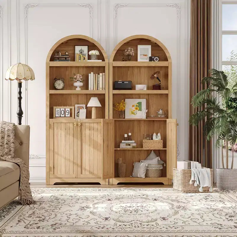 Meuble haut arqué GustoWave 71.6, Bibliothèque à 5 niveaux avec portes et étagères réglables, Armoire de rangement