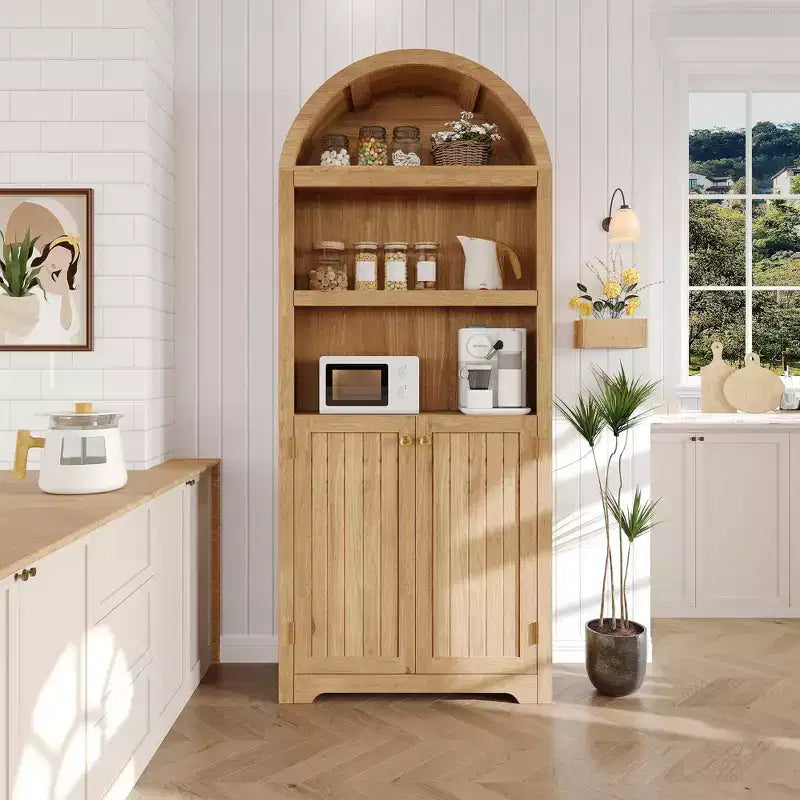 Meuble haut arqué GustoWave 71.6, Bibliothèque à 5 niveaux avec portes et étagères réglables, Armoire de rangement
