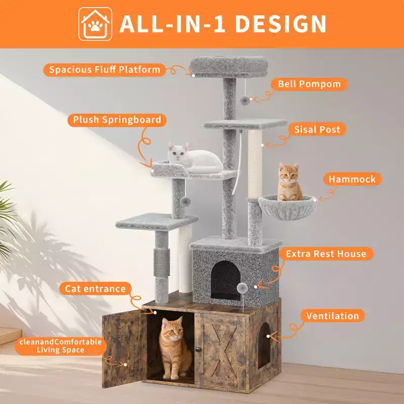 Arbre à chat et tour d'activité moderne 2-en-1 avec cache-litière, meuble pour chat tout-en-un, maison en bois avec espace litière caché pour chaton, avec hamac et poteaux à griffer