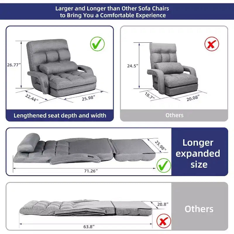 TYBOATLE Canapé-lit pliant avec USB, chaise de couchage convertible avec dossier réglable sur 5 positions, petit canapé confortable pour chambre à coucher, appartement, dortoir Gris