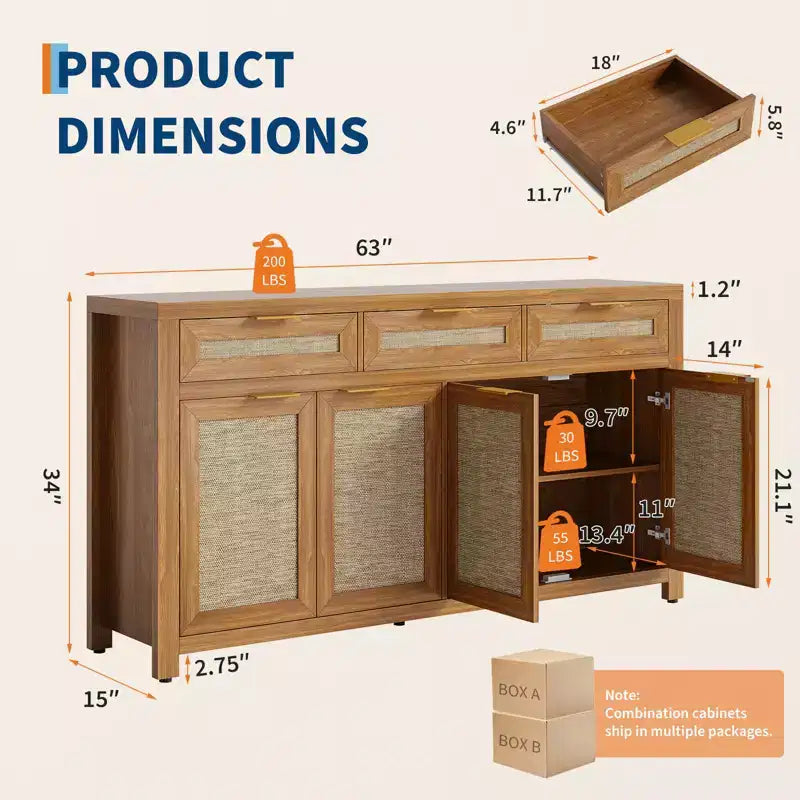 Buffet de salle à manger avec rangement de 160 cm, Bahut de style rustique avec bar à café, 3 tiroirs, 4 portes et étagères réglables pour salle à manger et cuisine