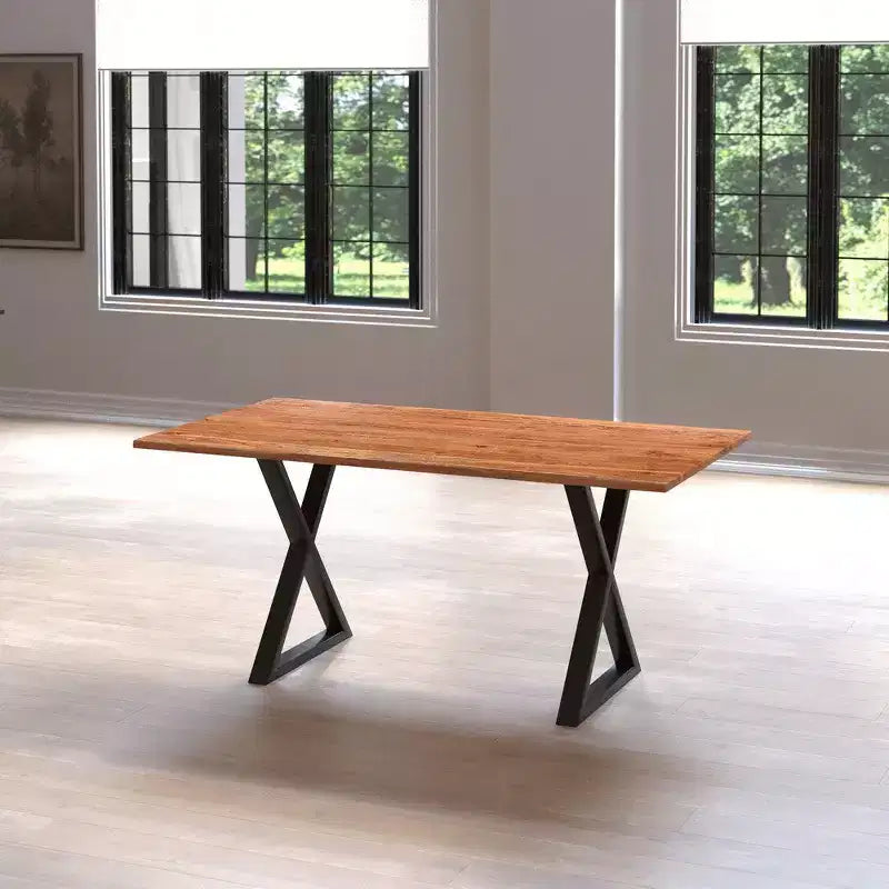 Table à manger rectangulaire Royal Hampton de 67 pouces avec pieds en métal croisés et plateau en bois d'acacia aspect bois naturel