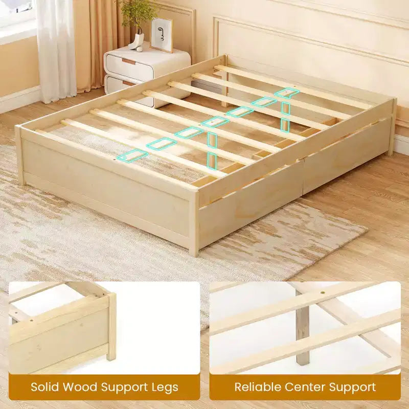 Lit plateforme en bois Costway, pleine/double, avec 2 tiroirs de rangement roulants, support à lattes en bois, naturel/blanc