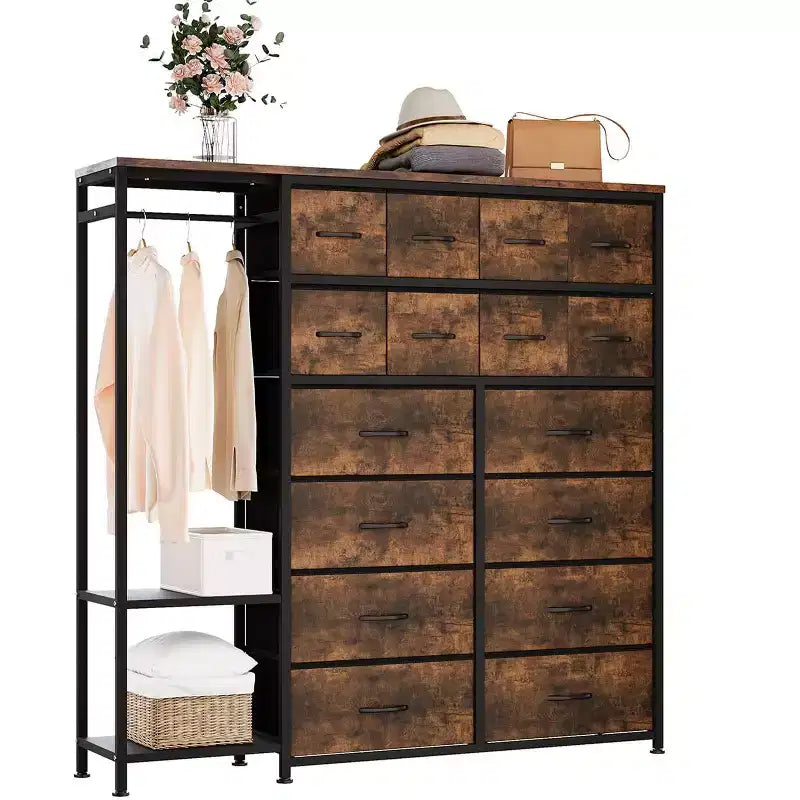 Commode de rangement avec 16 tiroirs, tringle à vêtements et étagères, organisateur de rangement en tissu pour chambre à coucher, placard ou entrée