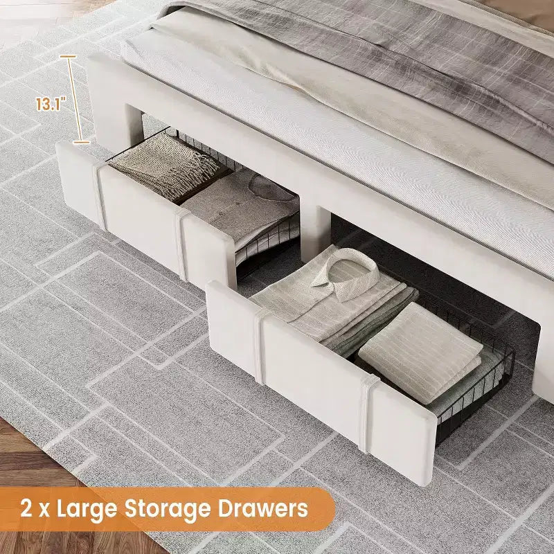 Cadre de lit plateforme capitonné beige DobleePy avec tiroirs de rangement, support à lattes en bois, pas besoin de sommier, assemblage facile