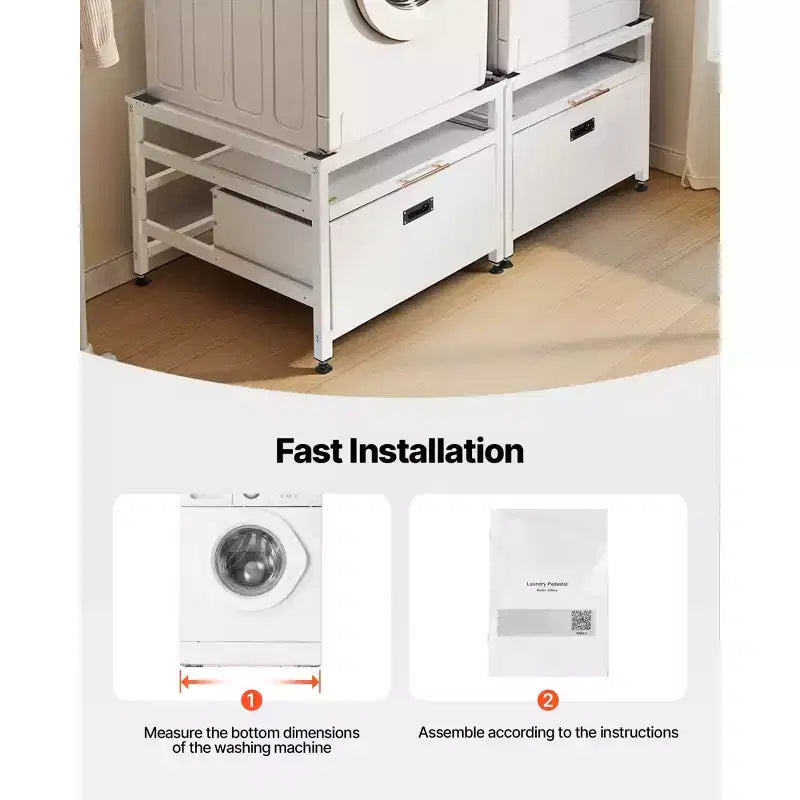 Socle de lave-linge et sèche-linge VEVOR, hauteur 57,4 cm, 73,6 x 73,6 cm, avec tiroir coulissant et espace de rangement, capacité de charge 362,9 kg, antidérapant, blanc