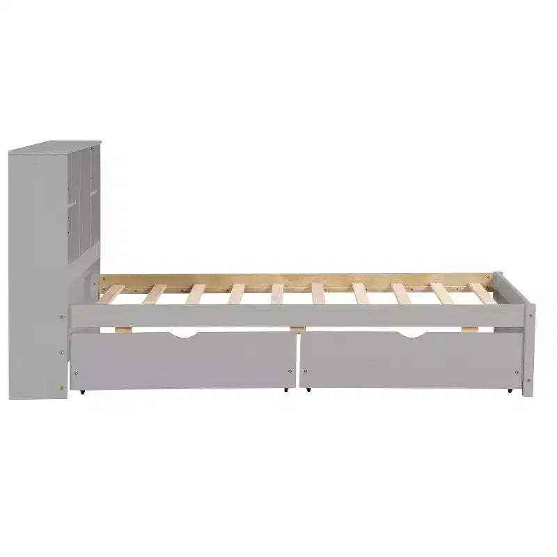 Bellemave Lit plateforme jumeau avec tête de lit bibliothèque et 2 tiroirs de rangement, lit plateforme en panneau de particules avec port de chargement USB