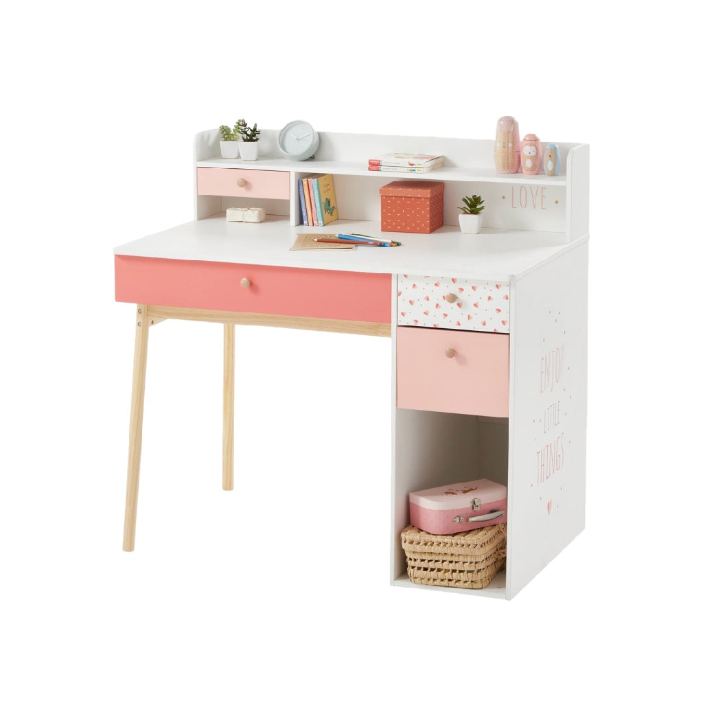 Bureau enfant rose et blanc avec rangements et tiroirs décoratifs
