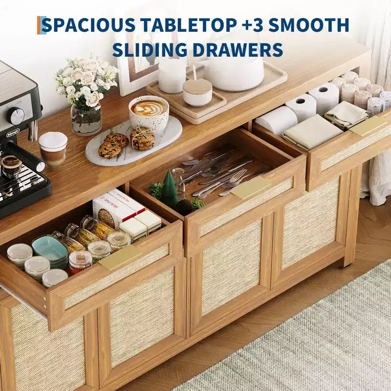 Buffet de salle à manger avec rangement de 160 cm, Bahut de style rustique avec bar à café, 3 tiroirs, 4 portes et étagères réglables pour salle à manger et cuisine