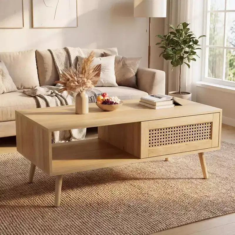 39.4 Table basse bohème en rotin, table de salon moderne en bois avec porte coulissante et étagère de rangement ouverte, patins antidérapants