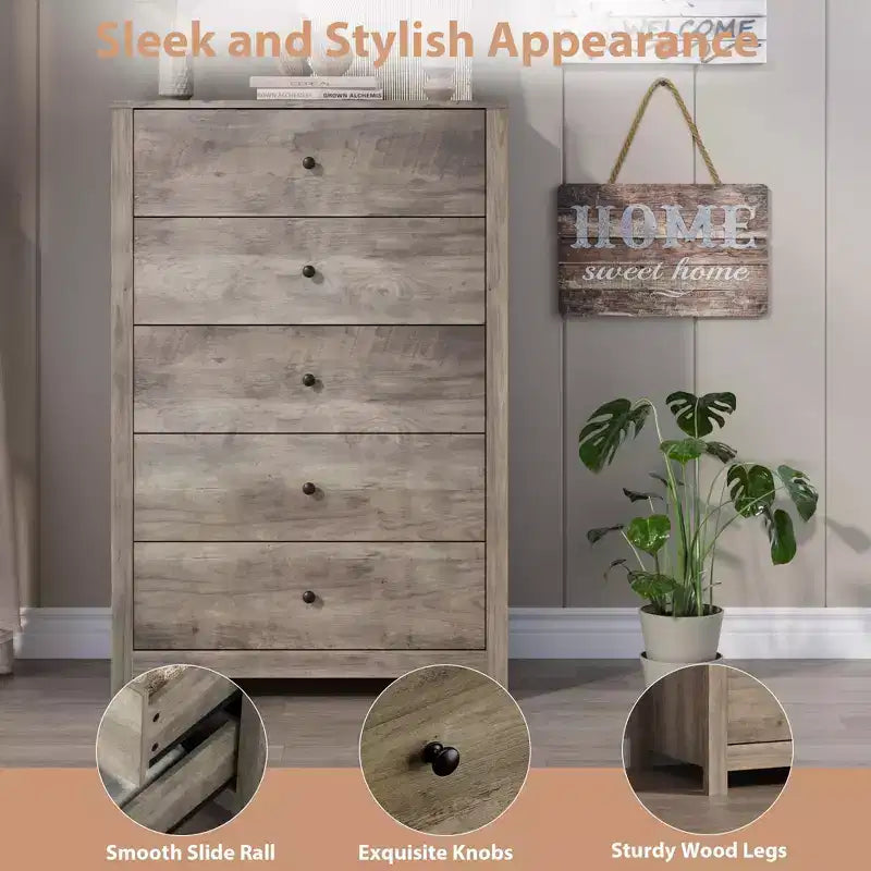 Commode moderne à 5 tiroirs avec rangement profond, coffre en bois élégant pour chambre à coucher, salon, entrée, offrant un grand espace pour une décoration intérieure organisée