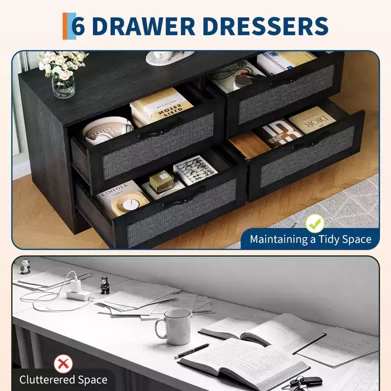 Meuble TV bahut de style campagnard pour téléviseurs jusqu'à 70'', 4 tiroirs, portes en rotin, meuble de rangement en bois, console média pour chambre ou salon