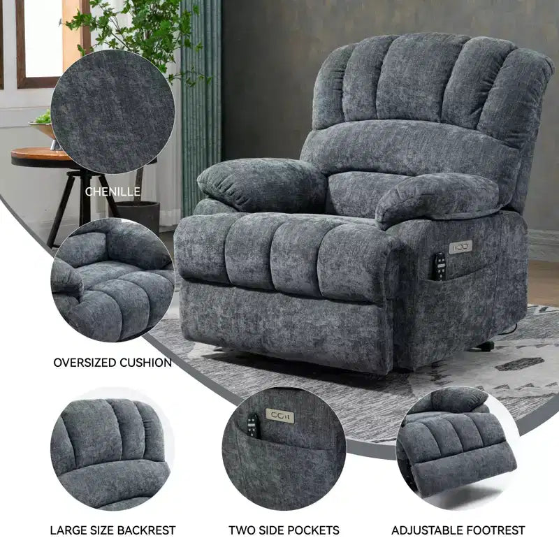 CLIHOME Fauteuil inclinable électrique releveur en chenille grande taille, largeur d'assise 23 pouces et dossier haut, avec massage vibrant 8 points et chauffage lombaire