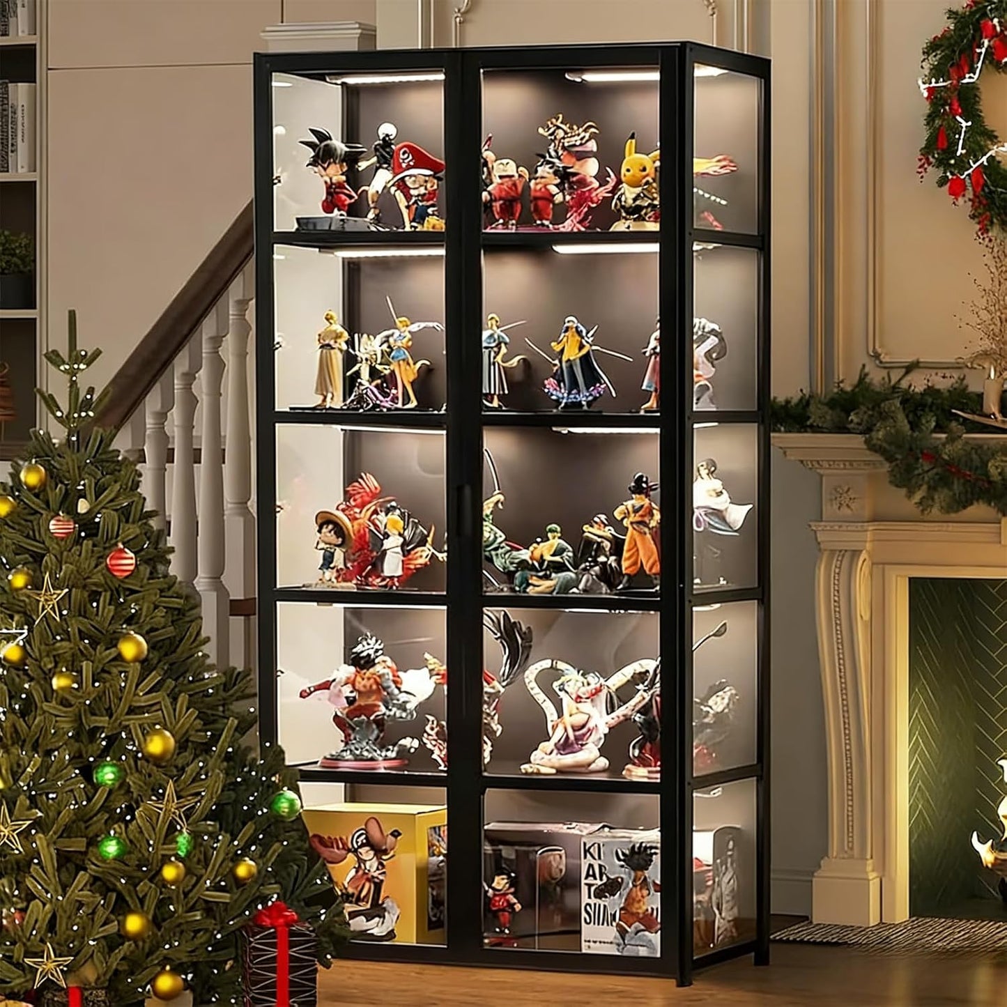 Vitrine avec porte en verre acrylique, vitrine curio à 5 niveaux pour objets de collection, double ouverture noire