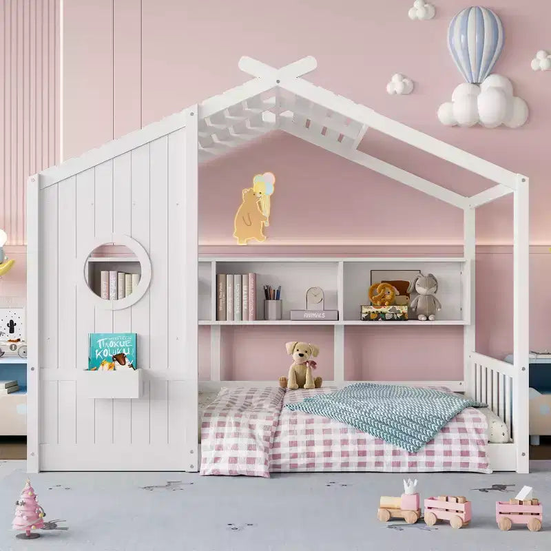 Lit cabane cabane Montessori pour enfant avec étagère de rangement - ModernLuxe