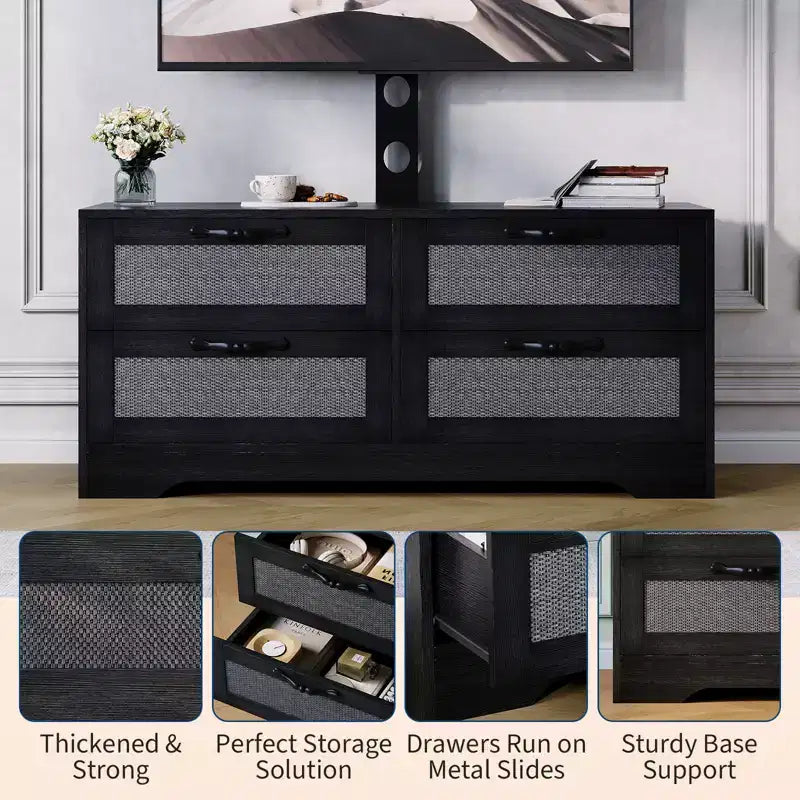 Meuble TV bahut de style campagnard pour téléviseurs jusqu'à 70'', 4 tiroirs, portes en rotin, meuble de rangement en bois, console média pour chambre ou salon
