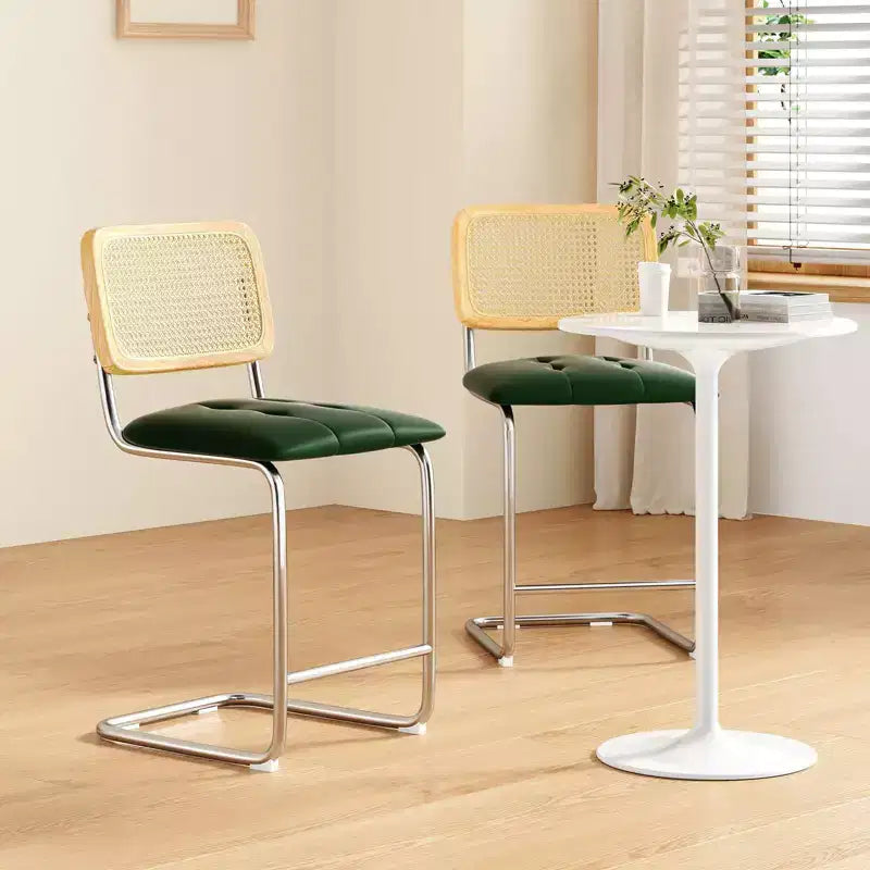 PexFix Lot de 2 tabourets de bar à hauteur de comptoir, en cuir PU rembourré, avec dossier en rotin, hauteur 61 cm, sans accoudoirs, pour îlot de cuisine, vert