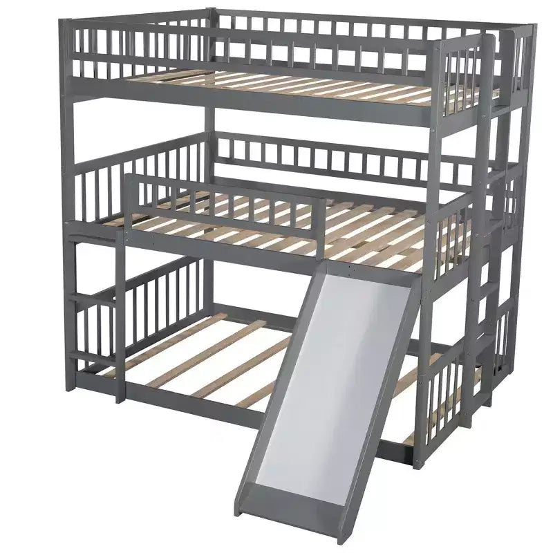 Lit superposé triple pour deux personnes avec échelle convertible et toboggan, lit triple avec barrières de sécurité, blanc/gris/espresso - ModernLuxe