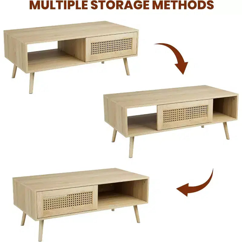 39.4 Table basse bohème en rotin, table de salon moderne en bois avec porte coulissante et étagère de rangement ouverte, patins antidérapants
