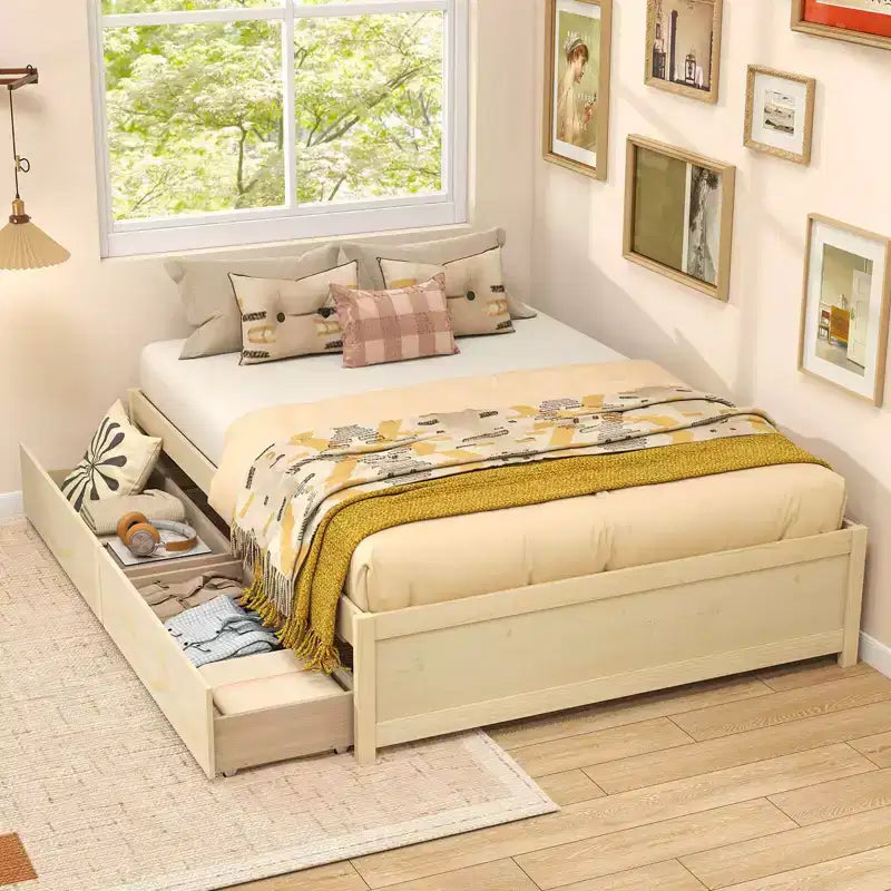 Lit plateforme en bois Costway, pleine/double, avec 2 tiroirs de rangement roulants, support à lattes en bois, naturel/blanc